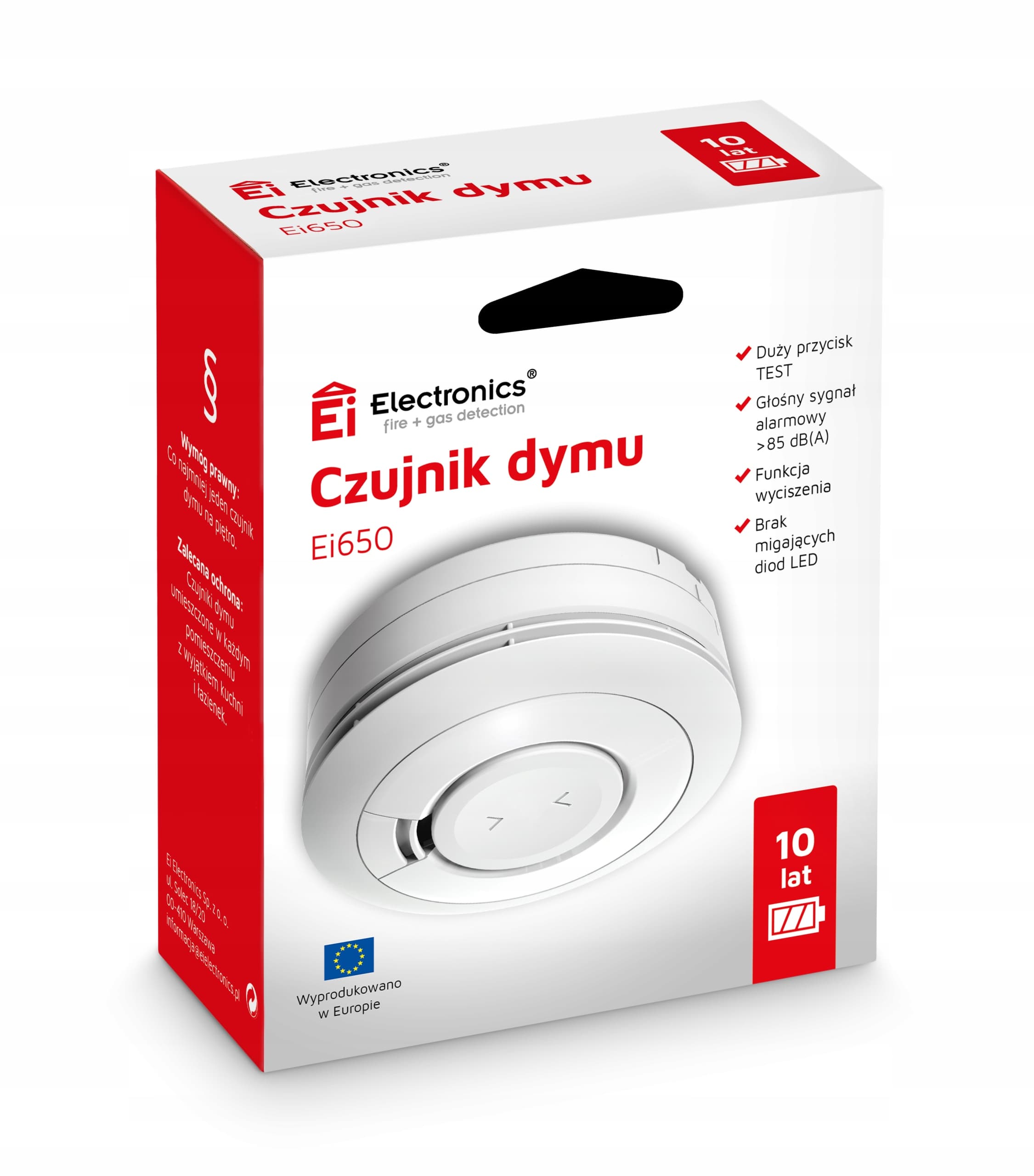 CZUJNIK DYMU ALARM PRZECIWPOŻAROWY Ei650 BATERIA 10 LAT 85 dB